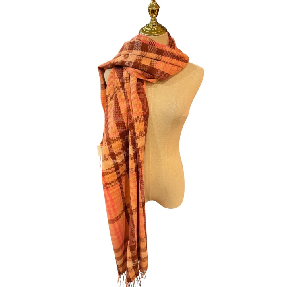 J. Crew Plaid Fringe Scarf Orange Pink Brown New With Tags Oversized Tartan